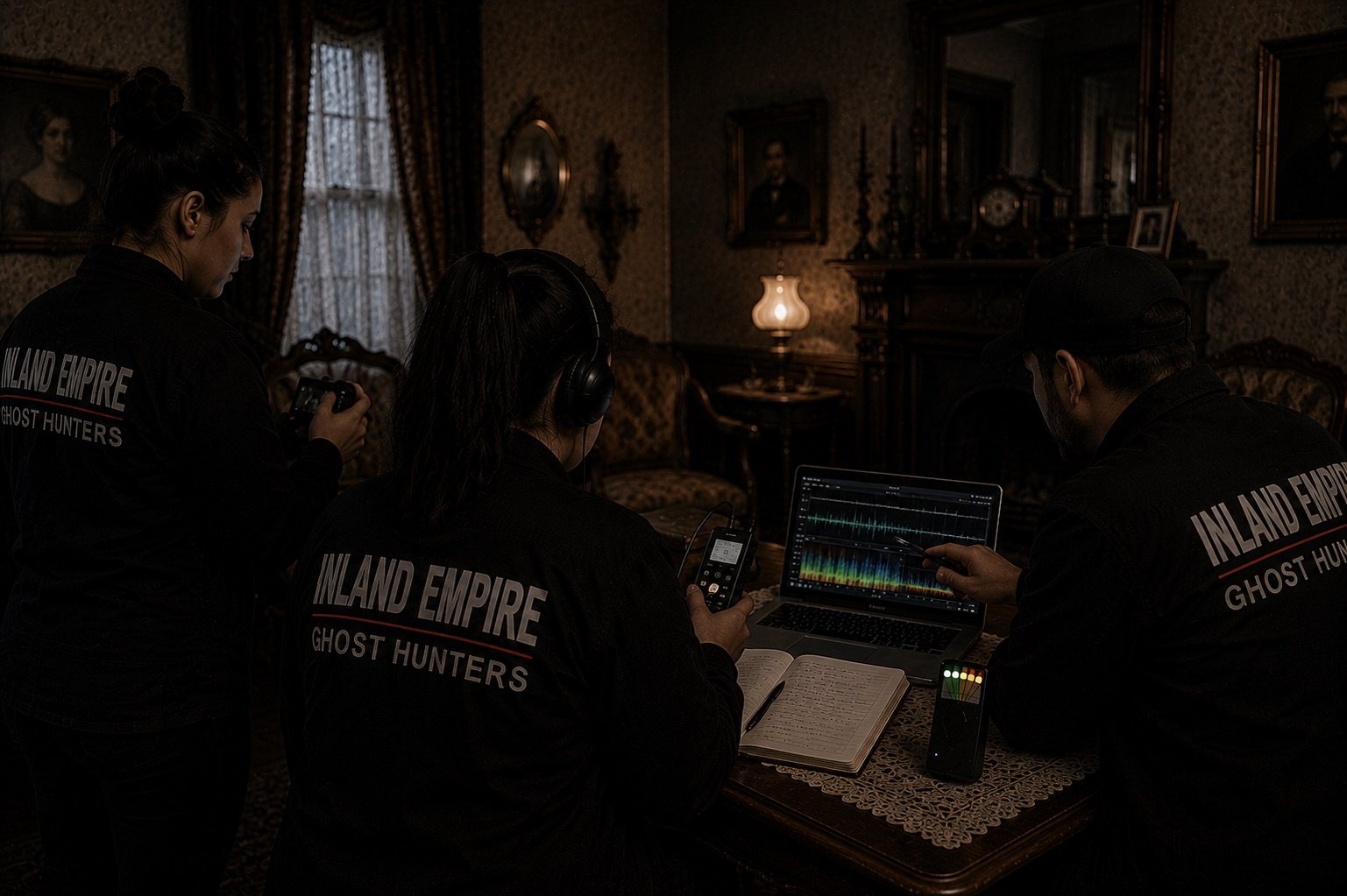 Inland Empire Ghost Hunters team comparing audio, notes, and environmental readings during review