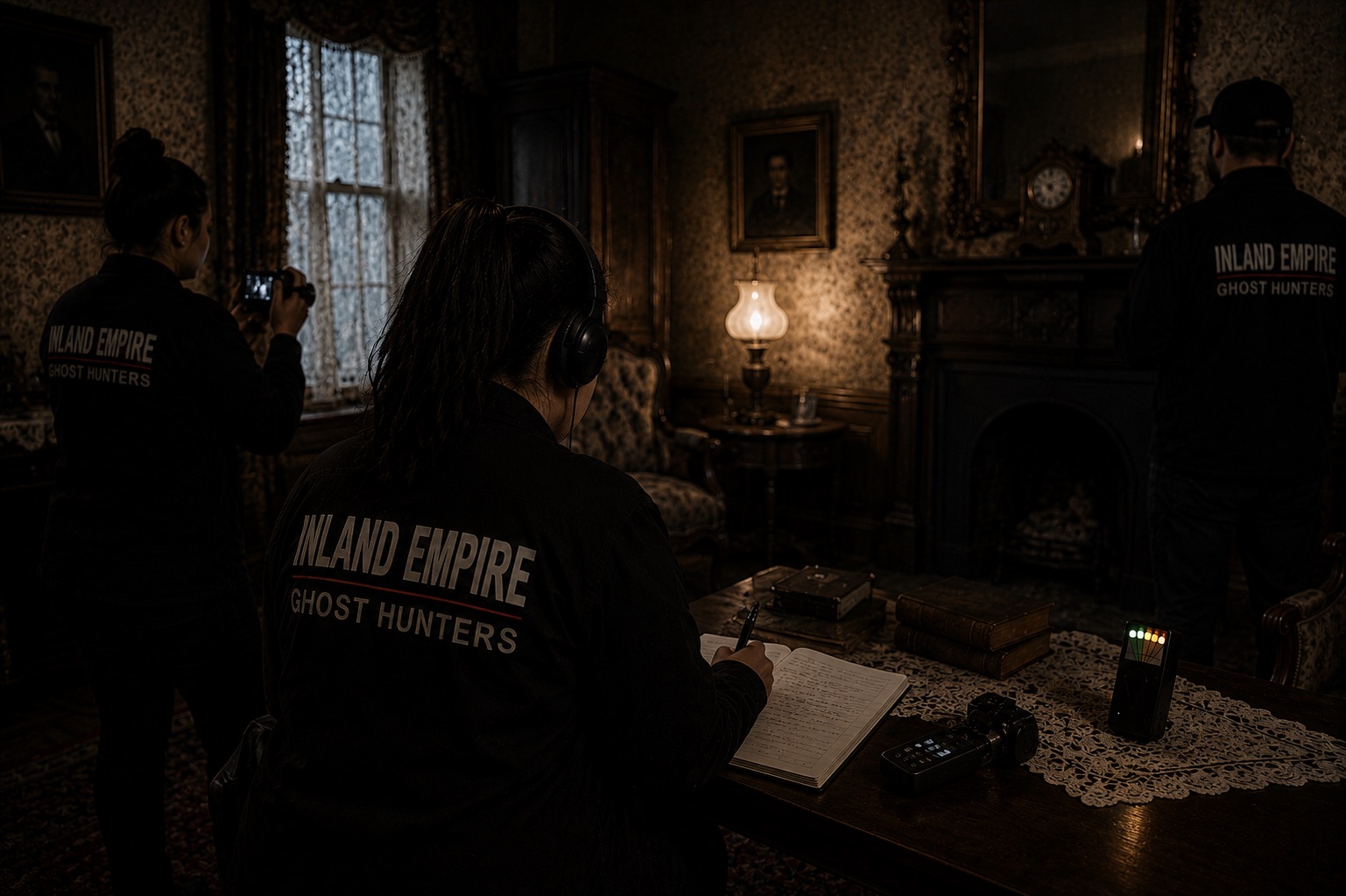 Inland Empire Ghost Hunters documenting activity with notes and equipment in a historic room