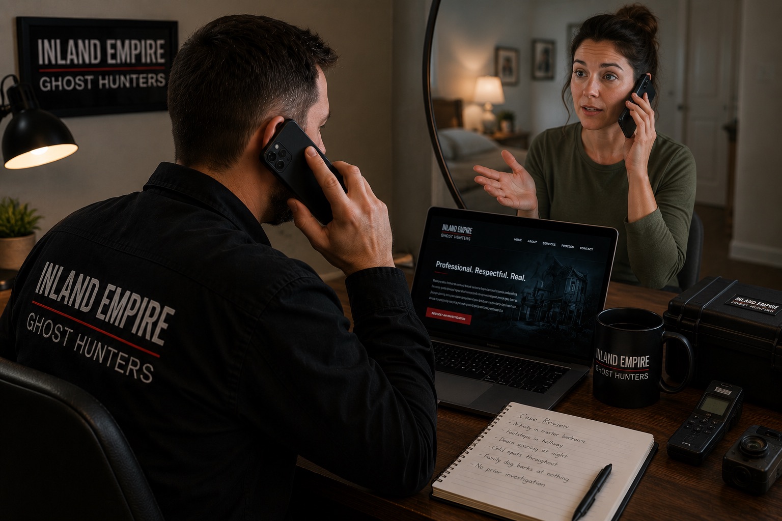 Investigator speaking with a homeowner by phone before a walkthrough
