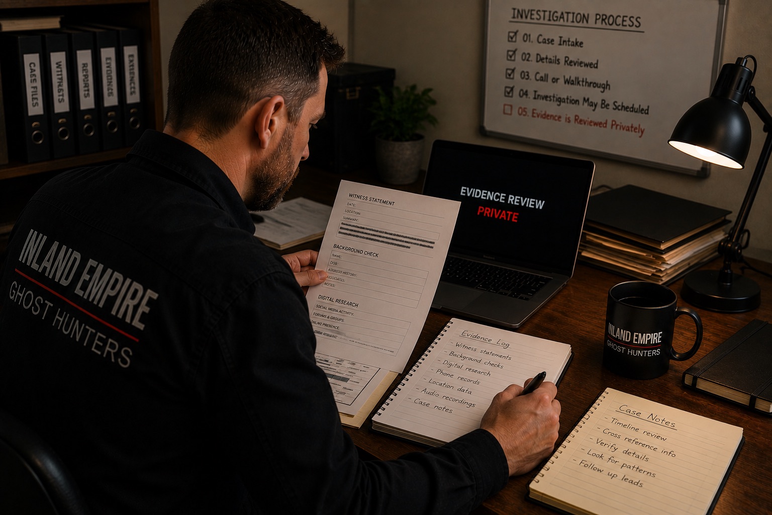 Investigator privately reviewing evidence and case material