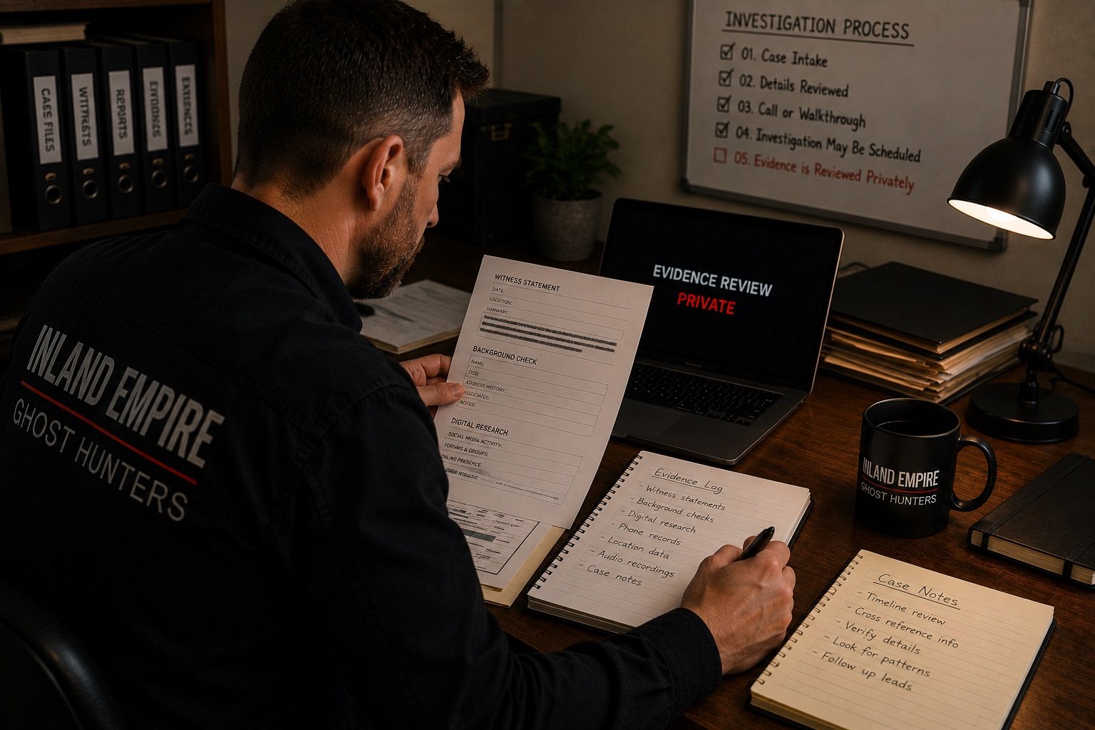 Investigator privately reviewing evidence notes and case materials