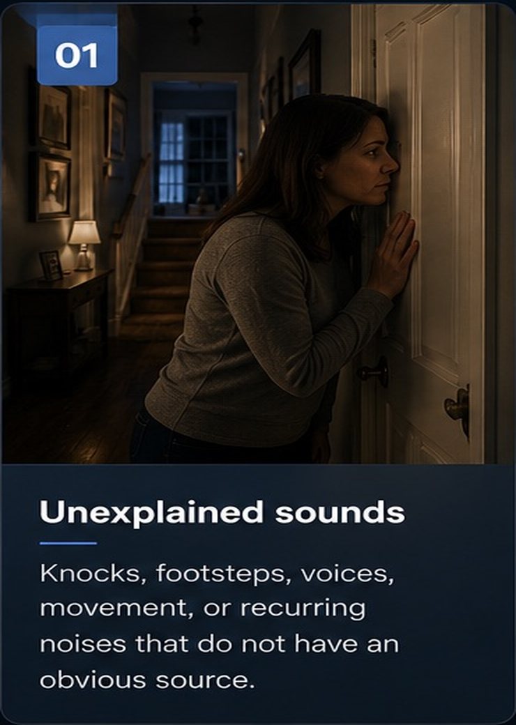 Homeowner listening near a hallway after unexplained sounds