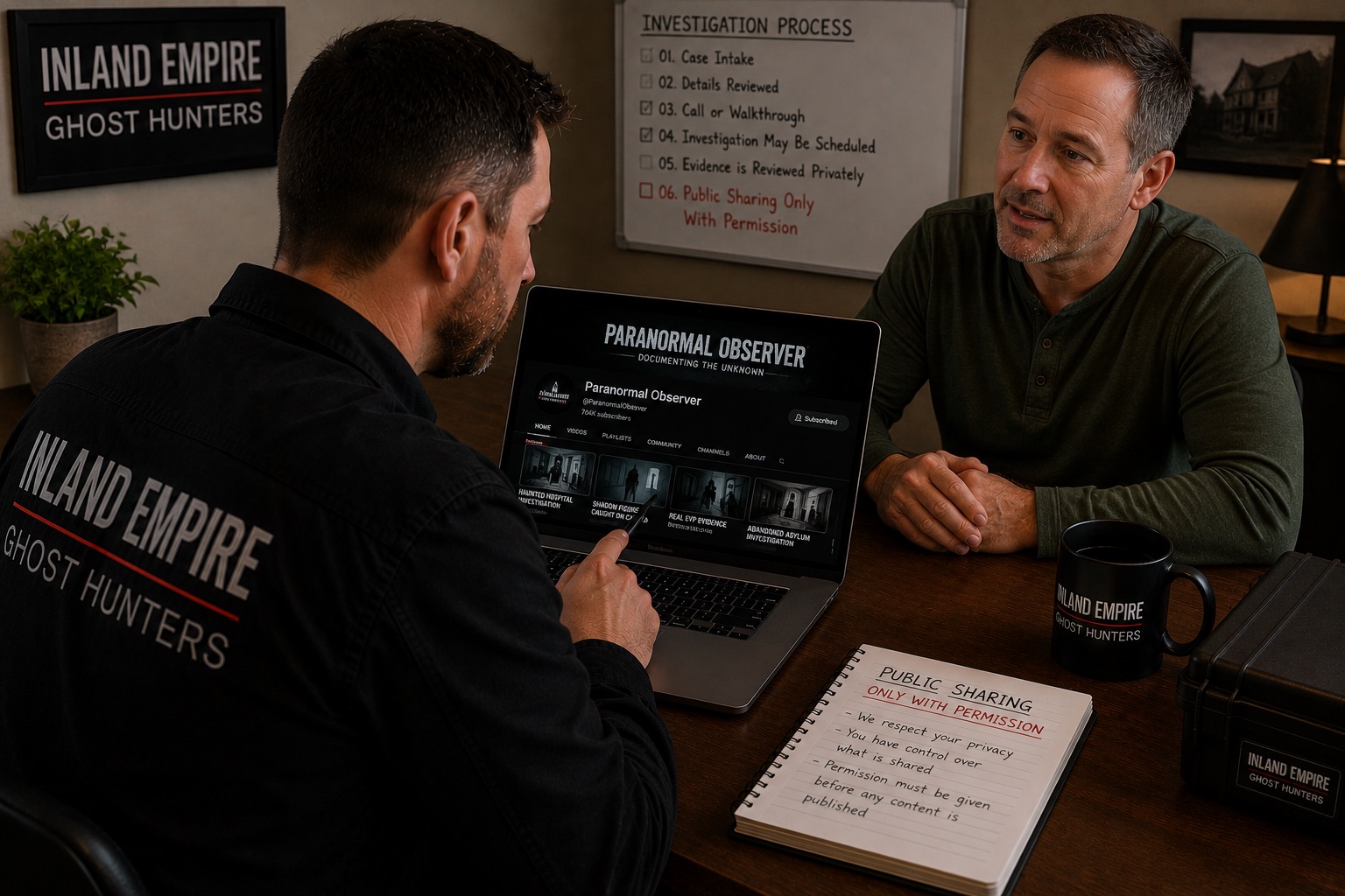Investigation team reviewing public sharing permission with a client