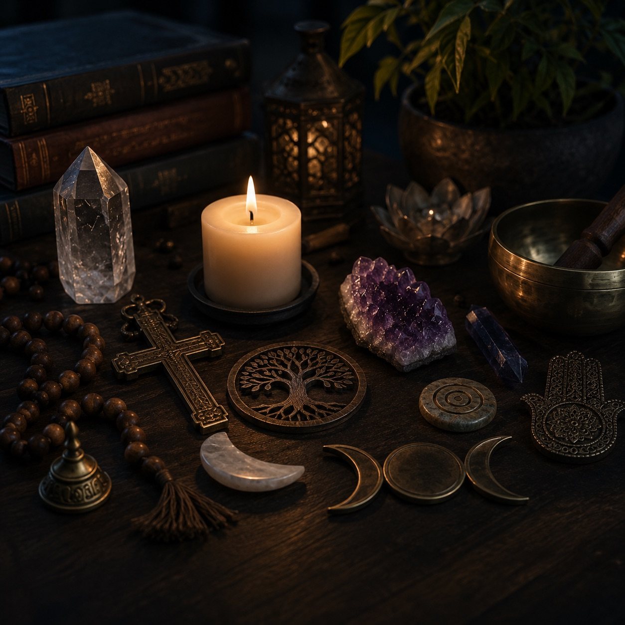 Spiritual and intuitive objects arranged respectfully for medium and sensitive investigator role